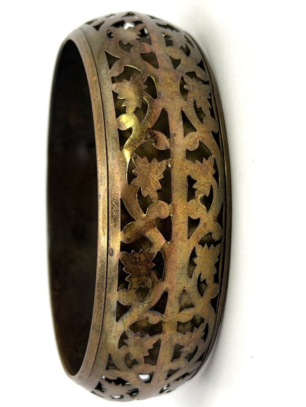 Vintage Brass Copper Floral Openwork Wide Bangle Bracelet Boho Patina 7.75"